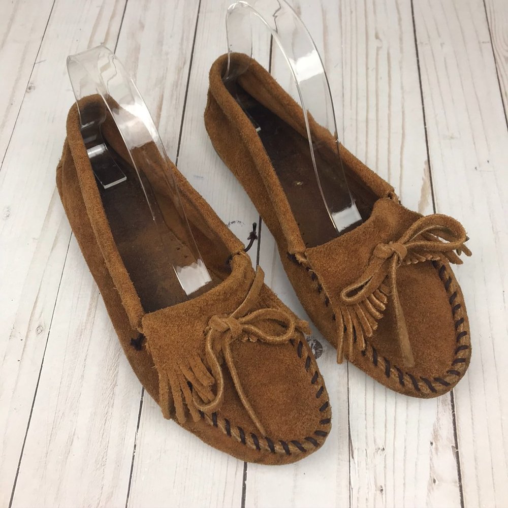 Minnetonka Suede Leather Brown Kilty 402 Moccasin Loafers Fringe Size 7